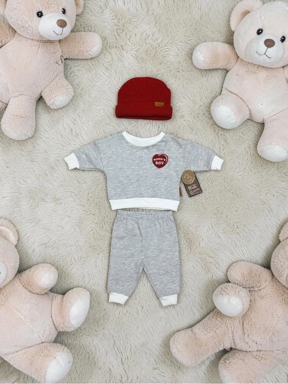 Lila & Jack Infant 3-Piece Set in Heather Gray including a Red Beanie
